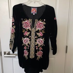 Johnny Was Embroidered Velvet Keyhole Top